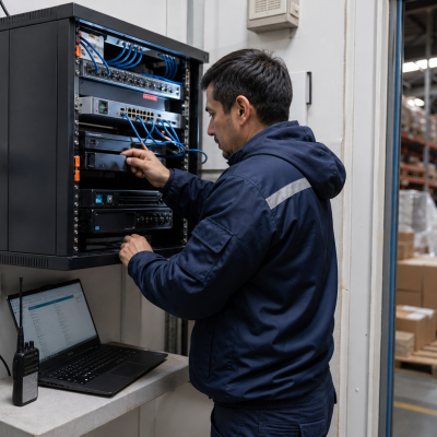 Técnico configurando infraestructura integrada de red, CCTV y radiocomunicación